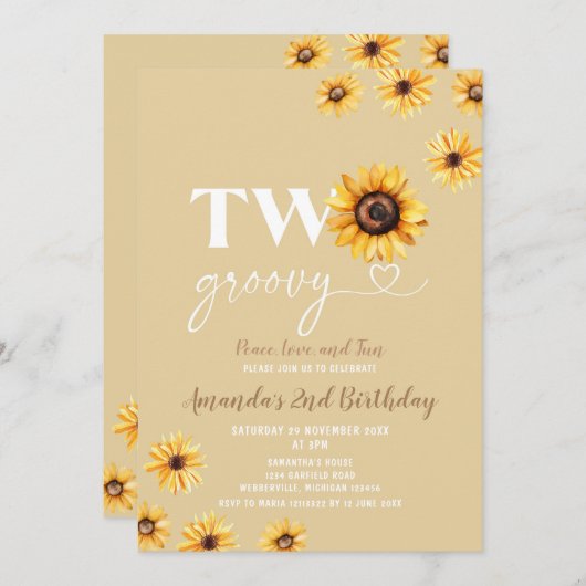 Retro Zonnebloemen Twee Groovy Verjaardagsfeest Kaart (Voorkant / Achterkant)