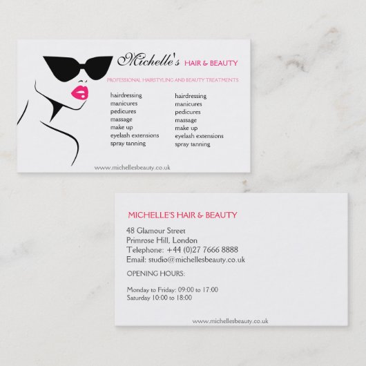 Retro zonnebril haar en schoonheid make-up visitekaartje (Voorkant / Achterkant)