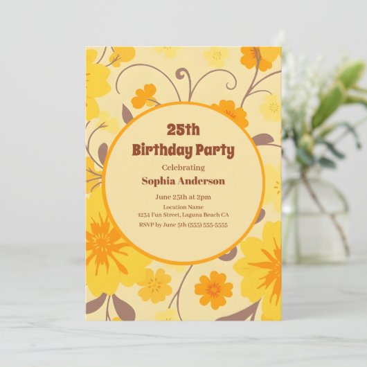 Retro Zonneschijn Gele Bloemen - Uitnodiging Verja (Staand voorkant)