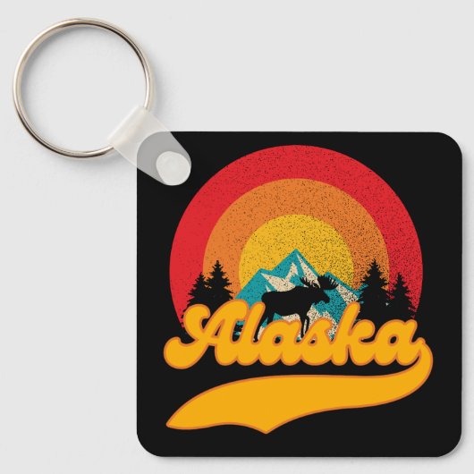 Retro Zonsondergang Alaska Juneau Moose 0Mountains Sleutelhanger (Voorkant)