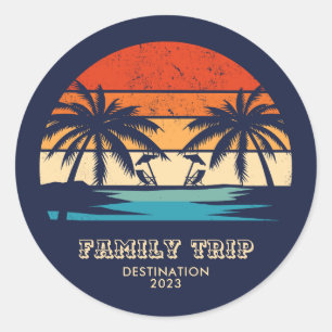 Retro zonsondergang Familiereis Strand Palm Tree M Ronde Sticker