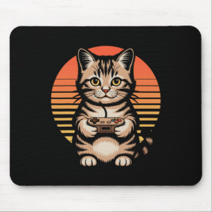 Retro Zonsondergang Gamer Kat Gamepad Kitten Video Muismat