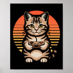 Retro Zonsondergang Gamer Kat Gamepad Kitten Video Poster