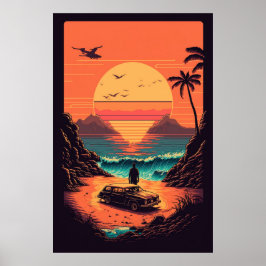 Retro zonsondergang in strand poster