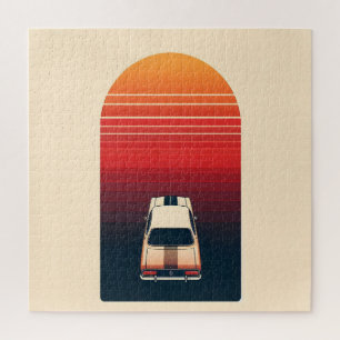 Retro Zonsondergang Minimalistische Vintage Auto W Legpuzzel