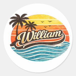 Retro Zonsondergang Palmboom Naam Kunst – William Ronde Sticker