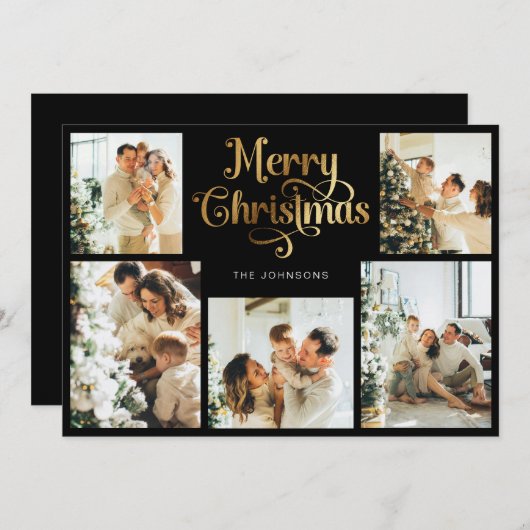 Retro Zwart en Goud Vrolijk Kerstfeest Familiefoto Feestdagenkaart (Voorkant / Achterkant)