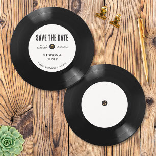 Retro Zwart en Wit Vinylplaat Save The Date Kaart