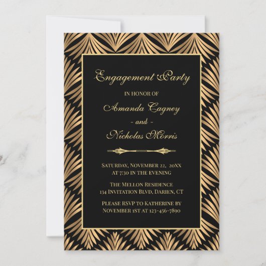 Retro Zwart Goud Art Deco Gatsby Verlovingsfeest Kaart (Voorkant)