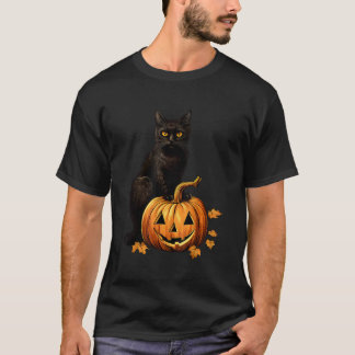 Retro Zwart Kat Halloween Pompoen Kostuum Voor Vro T-shirt
