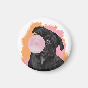 Retro Zwart Pug Roze Bubblegum Magneet