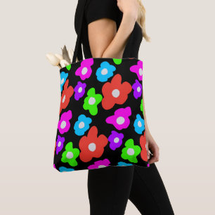 Retro Zwart Regenboog Kleurrijke Bloemen Patroon Draagtas