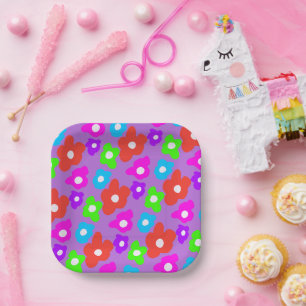 Retro Zwart Regenboog Kleurrijke Bloemen Patroon Papieren Bordje