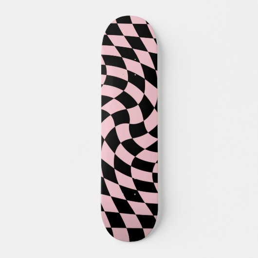 Retro Zwart Roze Checks Warped Checkered Skateboard (Voorkant)