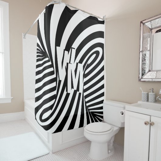 Retro Zwart Wit Abstract Zebra Patroon Initialen Douchegordijn (In situ)