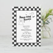 Retro zwart-wit Boos en Booze Halloween Party Kaart (Staand voorkant)