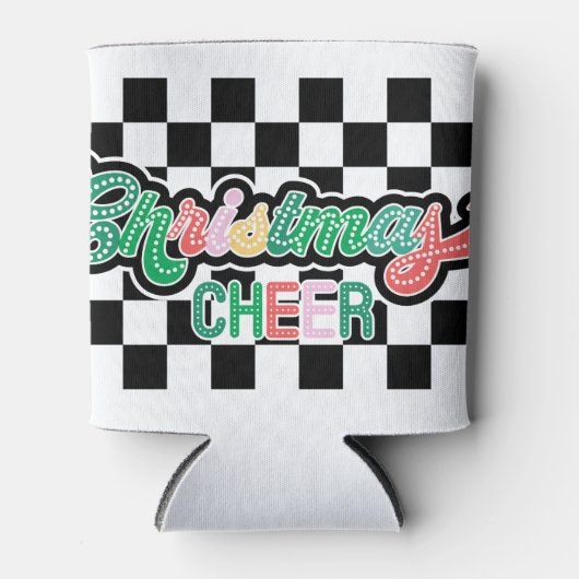 Retro Zwart-wit Geruite Kerstvrolijkheid Blikjeskoeler (Voorkant)