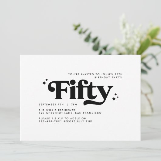 Retro zwart wit modern minimal 50e verjaardag kaart (Staand voorkant)