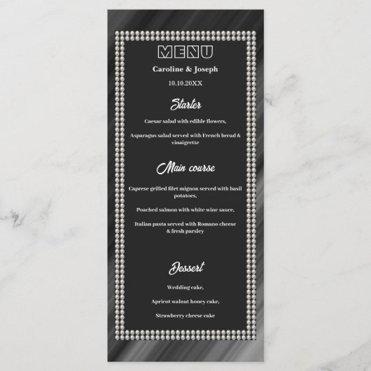 Retro Zwart & Wit, Parels Bruiloft Menu (Voorkant)