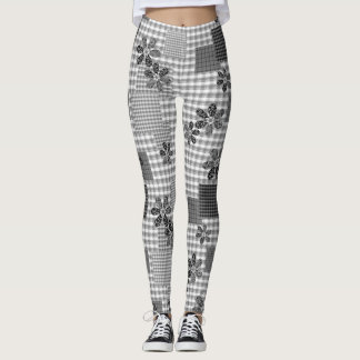Retro zwart-wit patchwork rustiek patroon leggings