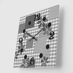 Retro zwart-wit patchwork rustiek patroon vierkante klok