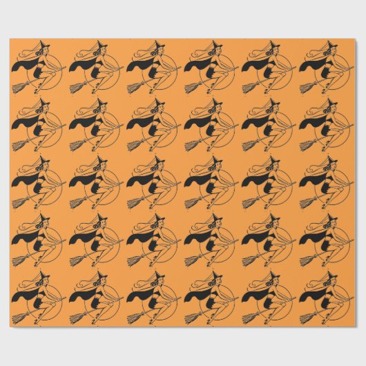 Retro Zwart/Wit/Sinaasappel Witch Wrapping Paper Cadeaupapier (Vlak)