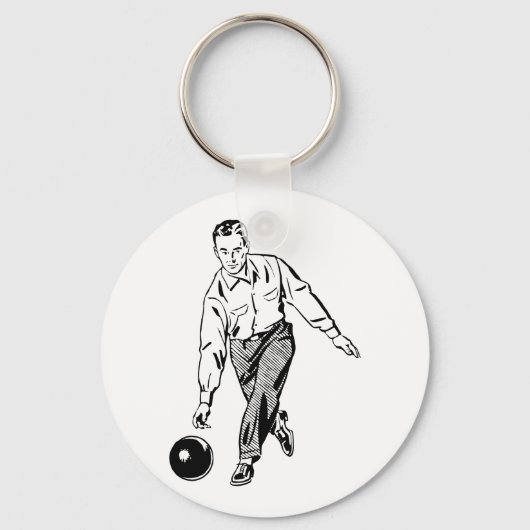 Retro  zwart-wit tien-kanon Bowling-Man Sleutelhanger (Voorkant)