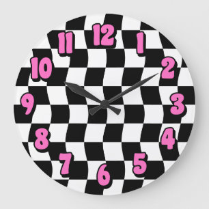 Retro Zwart Wit Wavy Checkerboard Patroon Grote Klok