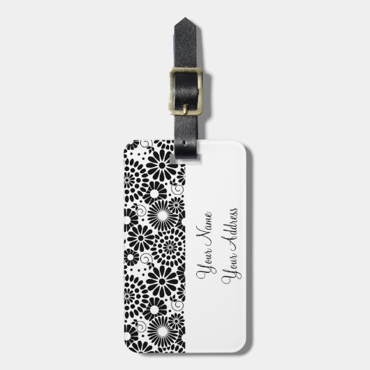 Retro zwart witte bloemen Bagage label (Voorkant verticaal)