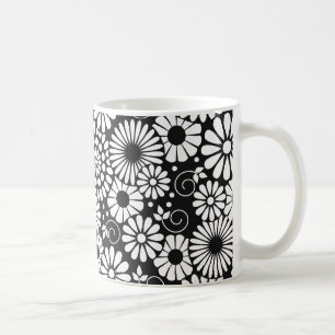 Retro zwart witte bloemen mok