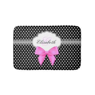 Retro zwarte en witte polka stip roze boogmonogram badmat