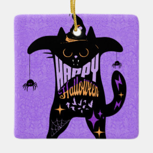 Retro Zwarte Kat Grappig Halloween Keramisch Ornament