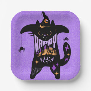 Retro Zwarte Kat Grappig Halloween Papieren Bordje