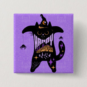 Retro Zwarte Kat Grappig Halloween   Vierkante Button 5,1 Cm