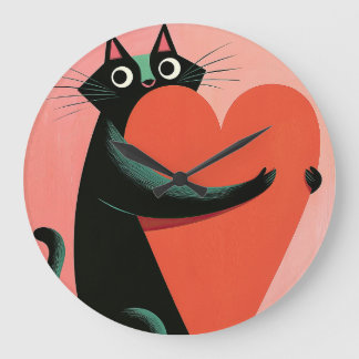 Retro Zwarte Kat Hart Pastel Midcentury Grote Klok