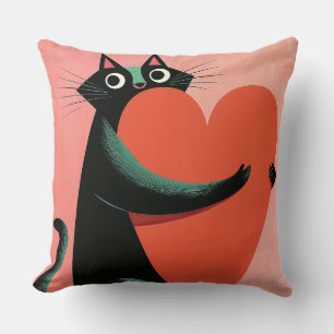 Retro Zwarte Kat Hart Pastel Roze Decor Kussen
