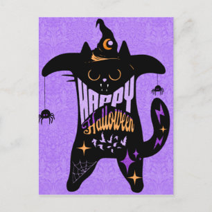Retro Zwarte Kat Heks Grappig Halloween  Briefkaart