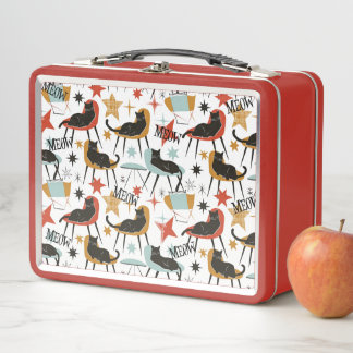 Retro Zwarte Kat in Atomair MCM Metalen Lunchbox