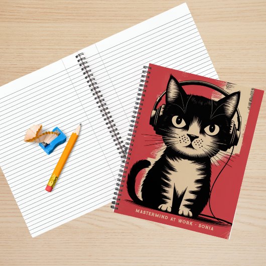 Retro zwarte kat, meesterbrein op het werk en naam notitieboek