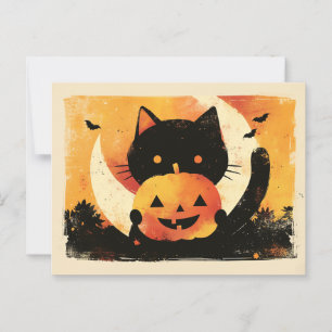 Retro Zwarte Kat met Jack O' Lantern Briefkaart