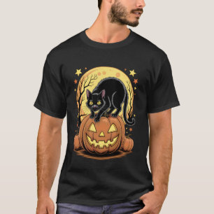 Retro Zwarte Kat Pompoen Grappige Halloween T-shirt