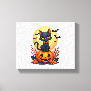 Retro Zwarte Kat Pompoen Halloween Kostuum Herfst  Canvas Afdruk