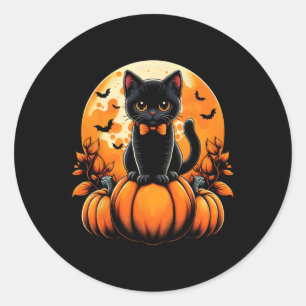 Retro Zwarte Kat Pompoen Halloween Kostuum Herfst Ronde Sticker