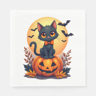Retro Zwarte Kat Pompoen Halloween Kostuum Herfst Servet