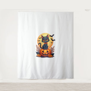 Retro Zwarte Kat Pompoen Halloween Kostuum Herfst  Wandkleed
