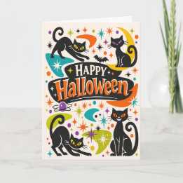 Retro Zwarte Katten Halloween Kaart