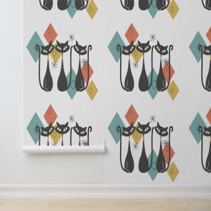 Retro zwarte katten Mid Century Modern Behang