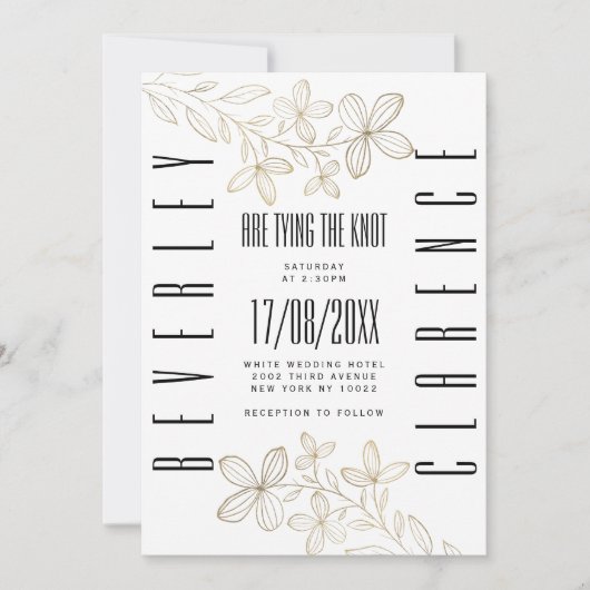 Retro zwarte typografie witte gouden bloem bruilof kaart (Voorkant)