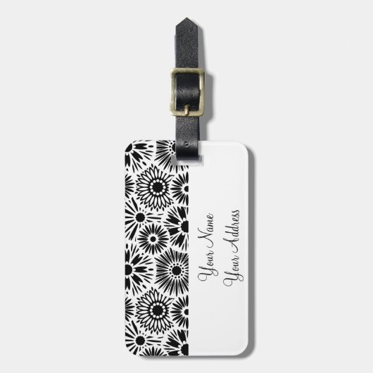 Retro zwarte witte bloemen Bagagelabel (Voorkant verticaal)