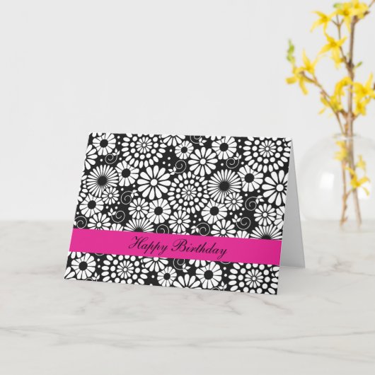 Retro zwarte witte bloemen Birthday Kaart (Gele Bloem)